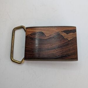 Vintage BTS Solid Brass Wood Inlaid Mountains Inlay Belt Buckle USA Made